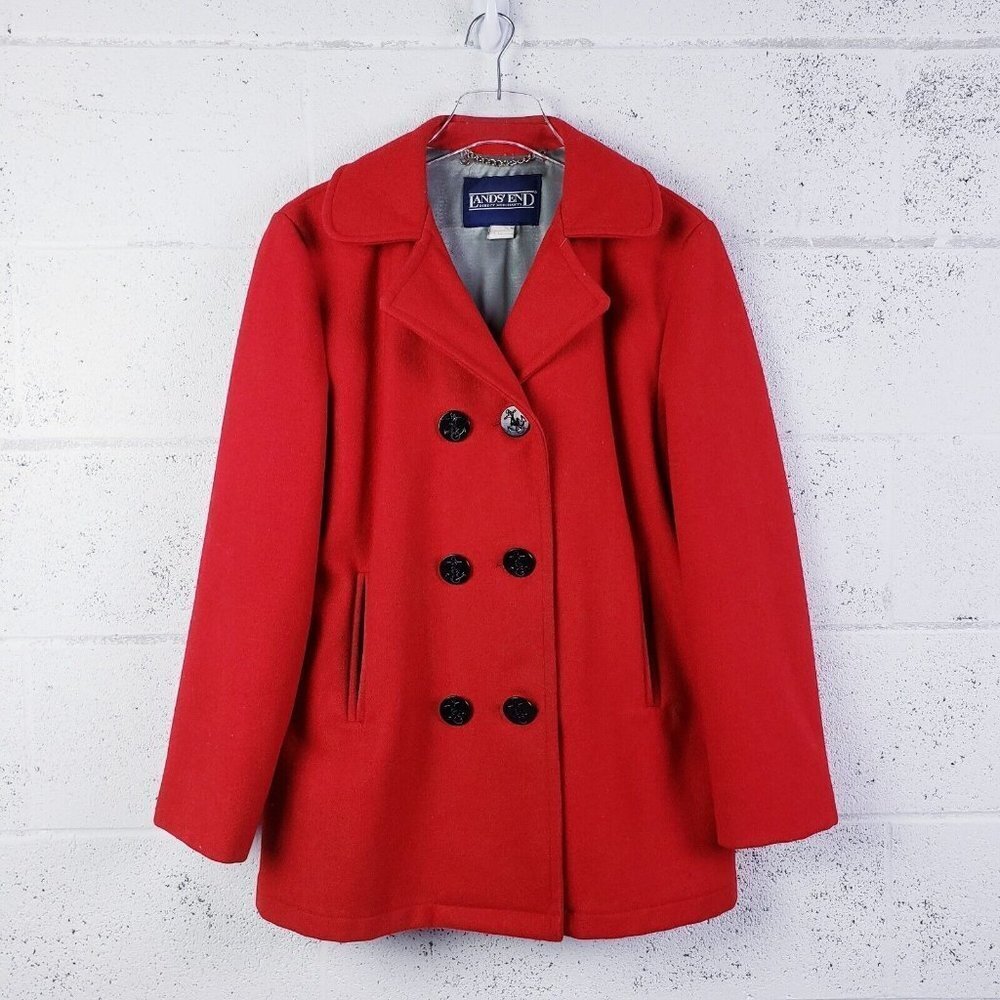 Vintage Lands' End Direct‎ Merchants Red Wool Anchor Button Peacoat Size 12 Red